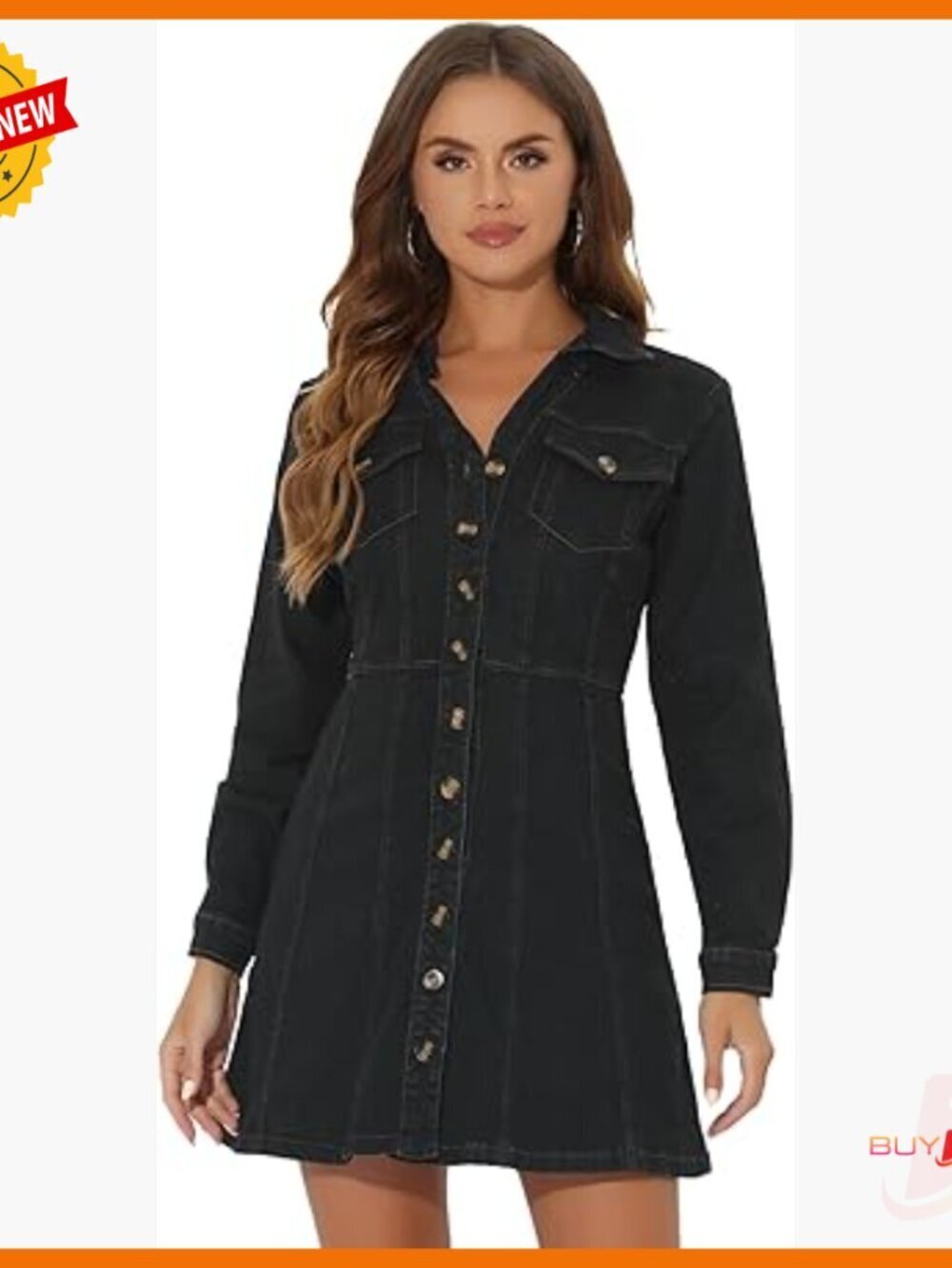 Denim Dress Button Down Collar V Neck Long Sleeve A-Line Cotton Blend